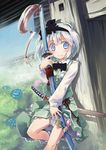  against_wall black_hairband blue_eyes blush dress dress_shirt flower hair_ribbon hairband katana konpaku_youmu leaning nanaroku_(fortress76) ribbon scabbard sheath sheathed shirt short_hair silver_hair skirt smile solo sword touhou vest weapon 