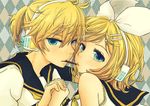  1girl aqua_eyes blonde_hair brother_and_sister food hair_ornament hair_ribbon hairclip headphones holding_hands kagamine_len kagamine_rin konsensya mouth_hold nail_polish pocky pocky_kiss ribbon sailor_collar shared_food short_hair siblings twins vocaloid 