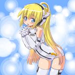  :d :o arnval bare_shoulders bent_over blonde_hair blue_eyes blurry blush bokeh busou_shinki dd_(ijigendd) depth_of_field doll_joints dress elbow_gloves gloves hands_together headphones leaning_forward long_hair open_mouth outdoors own_hands_together ponytail smile solo standing thighhighs white_legwear 