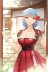  artist_request blue_hair bracelet breasts cleavage cropped_jacket dress flower hair_bun hanbok jewelry korean_clothes large_breasts lowres luthica_preventer obi red_dress red_eyes ring rose sash smile solo sword_girls 