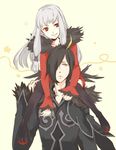  1girl agria_(tales) ahoge albino black_hair black_legwear blonde_hair carrying freckles gaw_(enasa) hair_over_one_eye long_hair multicolored_hair red_eyes shoulder_carry skirt smile tales_of_(series) tales_of_xillia thighhighs two-tone_hair white_hair wingul_(tales) yellow_eyes 