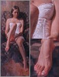  barefoot brown_hair dress feet hands_clasped jewelry leg_up legs long_hair misawa_hiroshi necklace oil_painting_(medium) original own_hands_together photorealistic sitting solo toenails toes zoom_layer 