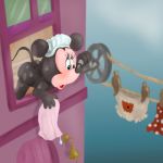  2018 anthro black_nose bloomers clothes_line clothing disney eyelashes female funimal laundry mammal minnie_mouse mouse mousetache nude rodent shower_cap skirt solo towel wet 