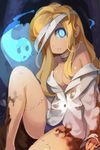  aqua_eyes artist_request bandages bare_shoulders blonde_hair breasts choker cleavage dress_shirt hair_over_one_eye long_hair lowres medium_breasts open_clothes open_shirt panties shirt solo stitches sword_girls underwear zombie 