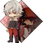  barnaby_brooks_jr belt black_jacket boots brown_hair cabbie_hat chibi dark_persona dark_skin dark_skinned_male ebitetsu facial_hair glasses hat jacket kiri_futoshi male_focus multiple_boys necktie red_eyes stubble studded_belt tiger_&amp;_bunny white_hair 