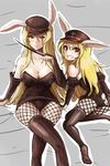  animal_ears blonde_hair breasts bridal_gauntlets bunny_ears bunny_tail cannelle cleavage dual_persona fishnet_pantyhose fishnets hat large_breasts long_hair looking_back lowres mu multiple_girls orange_eyes pantyhose red_eyes shako_cap sitting striped sword_girls tail thighhighs 