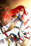  belt breasts coat cocoon_(loveririn) epaulettes gloves jaina_preventer long_hair lowres medium_breasts outstretched_arms red_hair shadow solo striped sword sword_girls weapon yellow_eyes 