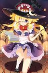  blonde_hair blue_eyes book bow breasts candle cherrypin dress frills glasses hat long_hair lowres mary_janes one_eye_closed panties pantyshot ribbon shoes small_breasts smile socks solo star sword_girls underwear wand witch witch_hat 