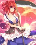  bad_id bad_pixiv_id bad_proportions breasts cleavage hair_bobbles hair_ornament highres ikeda_hazuki medium_breasts onozuka_komachi red_eyes red_hair scythe solo touhou two_side_up 