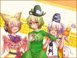  azuki_(lizzy) blush brown_hair dress earmuffs green_dress green_eyes green_hair hat japanese_clothes kariginu mononobe_no_futo multiple_girls silver_hair smile smirk soga_no_tojiko tate_eboshi touhou toyosatomimi_no_miko 