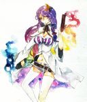  adapted_costume belt breasts capelet cleavage cleavage_cutout crescent crescent_hair_ornament hair_ornament medium_breasts no_hat no_headwear okayamakoto patchouli_knowledge purple_eyes purple_hair short_hair solo thighhighs touhou traditional_media vial watercolor_(medium) white_legwear zettai_ryouiki 
