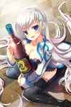  alcohol artist_request blue_eyes blush bottle breasts camisole cleavage coat large_breasts long_hair lowres open_mouth sigma_(sword_girls) sitting solo striped sword_girls thighhighs very_long_hair wariza white_hair 