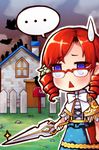  1girl artist_request blue_eyes blush book bow chibi cropped_jacket dress drill_hair flower frills glasses house lowres red_hair solo sweatdrop sword sword_girls triangle_mouth vernika_answer weapon 