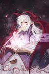  artist_request book demon_wings dress frills gathers horns light_particles long_hair lowres magic_circle markings nail_polish pointy_ears purple_eyes snowing solo sword_girls white_hair wings 