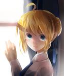  ahoge artoria_pendragon_(all) bad_id bad_pixiv_id bison_cangshu blonde_hair casual face fate/stay_night fate_(series) green_eyes hair_ribbon hand_on_window lens_flare light_smile looking_at_viewer portrait ribbon saber solo window 