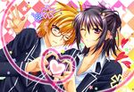  alternate_costume alternate_hairstyle argyle argyle_background bad_id bad_pixiv_id black_hair blonde_hair blue_eyes couple flynn_scifo glasses grin hair_up heart heart_hands heart_hands_duo heart_of_string hiryuu_kanon multiple_boys one_eye_closed purple_eyes red-framed_eyewear smile star tales_of_(series) tales_of_vesperia v yuri_lowell 