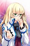  badge bangs blonde_hair blunt_bangs coat cocoon_(loveririn) glasses green_eyes hand_on_own_chin long_hair lowres outstretched_hand solo sword_girls terra_(sword_girls) 