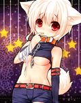  alternate_costume animal_ears bad_id bad_pixiv_id bandages bare_shoulders belt breasts chain collar elbow_gloves finger_to_mouth gloves halloween highres inubashiri_momiji leash looking_at_viewer medium_breasts midriff navel no_bra red_eyes sawatari_(sado) short_hair silver_hair solo star tail touhou underboob wolf_ears wolf_tail 