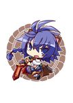  animal_ears armor blue_eyes blue_hair braid chibi matsuhime_mujina midriff navel open_mouth ponytail raccoon_ears raccoon_tail reku shinrabanshou single_braid solo sword tail weapon 