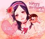  2011 :d bad_id bad_pixiv_id birthday bow chocolate_doughnut choker dated doughnut earrings eyelashes flower food fresh_precure! hair_flower hair_ornament hairband happy heart higashi_setsuna ivory_(25680nico) jewelry open_mouth pink_background precure purple_hair red_choker red_eyes ribbon short_hair smile solo 