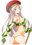  alleyne_(queen's_blade) ass bare_shoulders beret bikini blue_eyes bola_(weapon) braid breasts elbow_gloves elf g-string gloves hat highres large_breasts leaf_panties leaf_print long_hair looking_at_viewer looking_back nakamura_yukitoshi panties pointy_ears polearm print_panties queen's_blade silver_hair simple_background single_braid skindentation solo strap_gap string_panties swimsuit thong thong_bikini traditional_media underwear very_long_hair weapon 