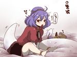  anklet bare_legs barefoot hat jewelry looking_at_viewer moriya_suwako multiple_girls open_mouth purple_hair red_eyes short_hair sleeping snake_tail tadpole_tail tail tobisawa touhou yasaka_kanako younger 