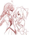  akemi_homura blush braid choker closed_eyes embarrassed glasses gloves hijiki_(hijikini) holding_hands kaname_madoka licking long_hair magical_girl mahou_shoujo_madoka_magica monochrome multiple_girls profile scared short_hair sketch spoilers tongue trembling twintails yuri 