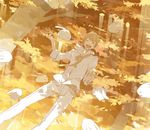  animal autumn autumn_leaves belt blonde_hair bunny closed_eyes floating laughing leaf light_rays male_focus necktie open_mouth original outstretched_arms outstretched_hand smile solo sunbeam sunlight tanjiu tree yellow 