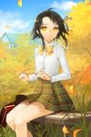  artist_request black_hair bow dress_shirt flat_chest glasses grass lowres plaid plaid_skirt pleated_skirt ribbon school_uniform shirt short_hair short_hair_with_long_locks sidelocks sita_vilosa sitting skirt solo sword_girls tree yellow_eyes 