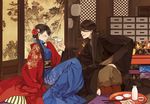  1girl alcohol architecture bad_id bad_pixiv_id black_hair blush bottle chopsticks closed_eyes cup east_asian_architecture floral_print flower food hair_flower hair_ornament japanese_clothes kimono long_hair open_mouth original sakazuki sake sitting tanjiu tokkuri 