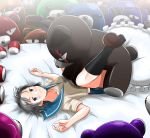  1girl bear bed black_legwear breasts commentary_request eyepatch kakkii kneehighs open_mouth original pillow scar short_hair skirt stuffed_toy 