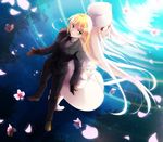  ahoge artoria_pendragon_(all) back-to-back black_gloves blonde_hair coat dutch_angle fate/zero fate_(series) formal gloves green_eyes irisviel_von_einzbern long_hair miyako910724 multiple_girls necktie pant_suit petals ponytail red_eyes saber suit water white_hair winter_clothes 