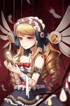  artist_request bandages bonnet bow brown_hair dress drill_hair feathers frills hairband long_hair lowres mechanical_wings red_eyes ribbon skirt solo stitches sword_girls wings 