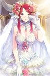  bare_shoulders blue_eyes blush bow breasts choker cleavage dress flower frills gathers gloves hakou_(barasensou) jewelry large_breasts long_hair lowres necklace open_mouth pink_flower pink_rose red_hair rihanna rose solo sword_girls veil wedding_dress 