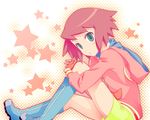  bad_id bad_pixiv_id blush boots fingerless_gloves gloves green_eyes hibiki_misora highres hood hoodie leg_hug natsu_(728) red_hair rockman ryuusei_no_rockman short_hair shorts sitting solo 