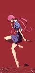  barefoot blush feet finger_to_mouth full_body gasai_yuno hands highres knife kon_(kdash) mirai_nikki pink_eyes pink_hair red_background ripples school_uniform serafuku simple_background skirt solo 