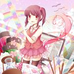  bad_id bad_pixiv_id bird blush brown_hair brown_legwear brush drawing_equipment flower globe hair_bobbles hair_ornament hourglass monitor mouse_(computer) open_mouth original pen petals pink_skirt rainbow red_eyes ruler sanotsuki shirt side_ponytail skirt sleeves_rolled_up smile thighhighs zettai_ryouiki 