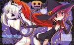  absurdres animal_ears ass breasts calendar_(medium) cat_ears character_name covered_nipples dengeki_g's food_themed_hair_ornament hair_ornament halloween haruno_hina hat highres multiple_girls nanao_naru no_panties october original pumpkin_hair_ornament purple_background small_breasts tail umi_yukino witch witch_hat 