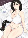  arm_support artist_request bed belly black_hair blush bra breasts cleavage curvy erect_nipples final_fantasy final_fantasy_vii highres huge_breasts large_breasts lingerie lips long_breasts long_hair love_handles muffin_top navel panties pillow plump ponytail red_eyes sitting solo thick_thighs thighs tifa_lockhart tissue toshi_aki underwear white_bra white_panties 