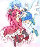  armpits arms_up black_legwear blue_eyes blue_hair blush boots bow cape collaboration colorized detached_sleeves dress fang hair_bow hair_ornament hairclip highres hug long_hair magical_girl mahou_shoujo_madoka_magica mekeko miki_sayaka multiple_girls noumin open_mouth red_dress red_eyes red_hair sakura_kyouko shirt short_hair skirt smile thighhighs white_legwear zettai_ryouiki 