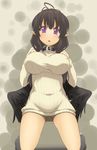  ahoge black_hair black_legwear black_wings blush borrowed_character bottomless breast_suppress breasts collar dress groin impossible_clothes kneeling large_breasts long_hair long_sleeves looking_at_viewer naked_sweater original perky_breasts pointy_ears purple_eyes shinjitsu_(true_ride) solo sweater sweater_dress wings 