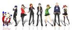  4girls amagi_yukiko arm_up ashitaba_(fuki) bad_id bad_pixiv_id black_hair black_legwear blue_eyes blue_hair brown_eyes brown_hair everyone glasses grey_eyes grey_hair hairband hanamura_yousuke hand_in_pocket headphones headphones_around_neck highres houndstooth jacket jacket_on_shoulders jewelry kujikawa_rise kuma_(persona_4) long_hair multiple_boys multiple_girls narukami_yuu necklace orange-framed_eyewear pantyhose persona persona_4 red-framed_eyewear red_hair reflection satonaka_chie school_uniform shadow shirogane_naoto short_hair simple_background skirt skull_and_crossbones smile standing sunglasses tatsumi_kanji thighhighs track_jacket twintails waving yellow-framed_eyewear 