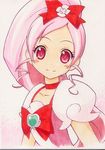  blush_stickers bow choker collarbone cure_blossom eyelashes hair_bow hanasaki_tsubomi head_tilt heartcatch_precure! long_hair looking_at_viewer magical_girl marker_(medium) pink pink_eyes pink_hair ponytail precure red_bow red_choker shirohebidou smile solo traditional_media upper_body 