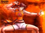  angry bracelet brown_hair character_name copyright_name fighting_stance jewelry ling_xiaoyu long_hair open_mouth orange_(color) orange_background orange_eyes orange_shirt shirt shorts solo teketeke_(tekenotteke) tekken twintails 