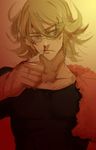 bad_id bad_pixiv_id bandages barnaby_brooks_jr blonde_hair blood glasses green_eyes highres male_focus mouth_hold mrd-0203 shirt solo t-shirt tiger_&amp;_bunny towel 