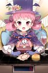  artist_request bell blush cloak crescent_conundrum cup drinking_glass drinking_straw earrings flat_chest flower frills gloves hair_ribbon hat jewelry lowres markings necklace open_mouth pink_eyes pink_hair ribbon rose solo sword_girls top_hat wine_glass 