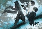  bad_id bad_pixiv_id black_hair bubble formal gloves grey_eyes hands male_focus original outstretched_arm outstretched_hand popped_collar reaching reflection ripples shoes smile solo suit tanjiu underwater white_gloves 