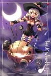  2011 black_dress braid crescent_moon dress garter_straps hair_ribbon halloween hat jack-o'-lantern katahira_masashi lever mecha moon open_mouth original pumpkin purple_background red_eyes ribbon silver_hair smile solo striped striped_legwear thighhighs twin_braids typo witch_hat 