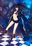  bad_id bad_pixiv_id black_hair black_rock_shooter black_rock_shooter_(character) black_rock_shooter_(game) blue_eyes boots chain checkered checkered_floor choker full_body jewelry knee_boots long_hair midriff navel necklace rinbukyoku short_shorts shorts smile solo twintails 
