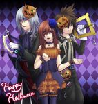  2boys alternate_costume black_legwear blue_eyes brown_hair choker fangs hair_over_one_eye kairi_(kingdom_hearts) keyblade kingdom_hearts long_hair multiple_boys purple_eyes r_ayase68 red_eyes red_hair riku silver_hair sora_(kingdom_hearts) thighhighs wristband 